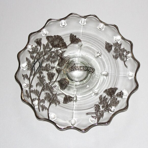 Vintage Silver Overlay Cake Stand |  | 25th Anniversary Footed Glass Stand - Picture 1 of 8